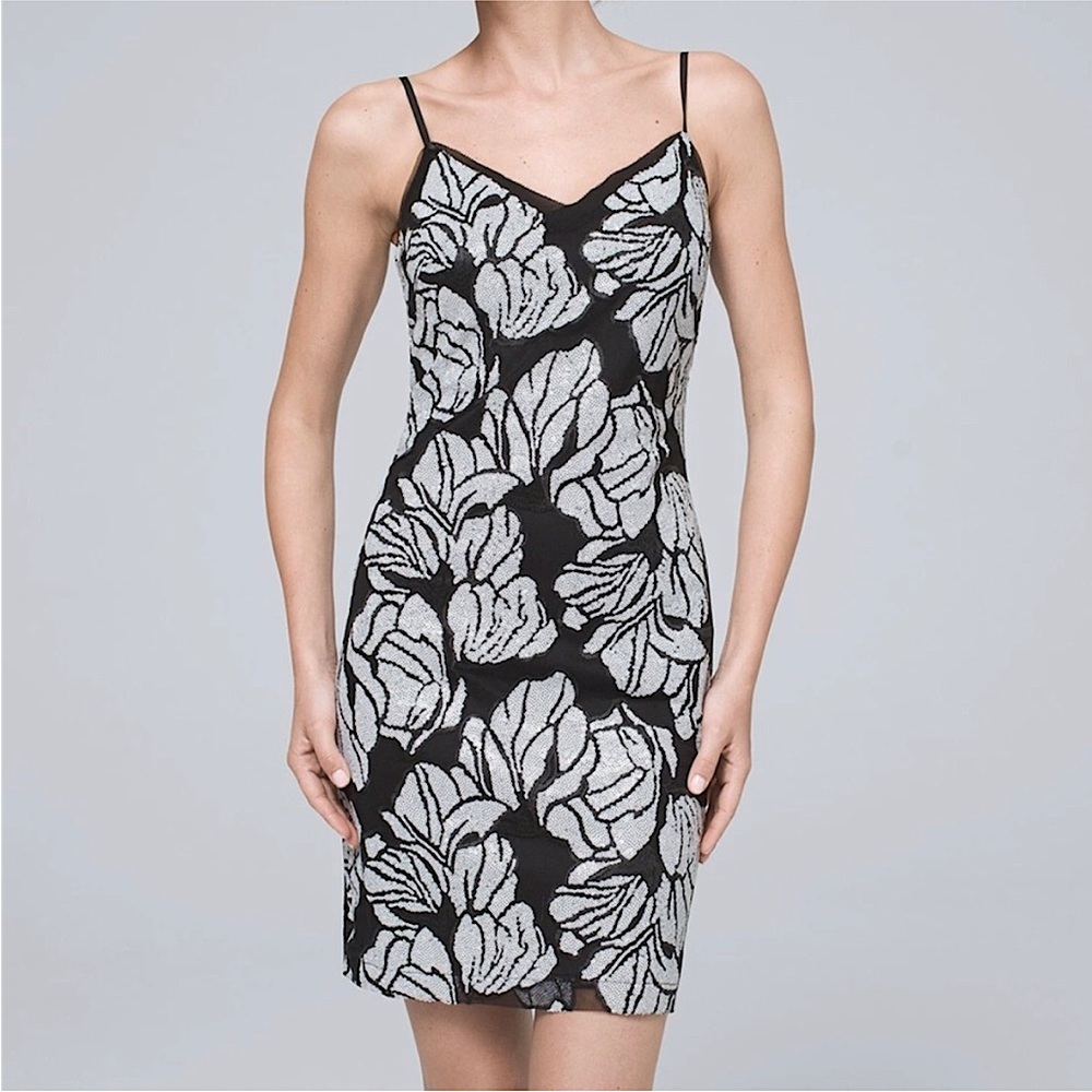 White House Black Market Shift Sequin Floral Black White Sheath Cocktail Dress